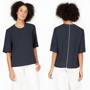 Everlane Navy Short-Sleeve Zip-Back Blouse